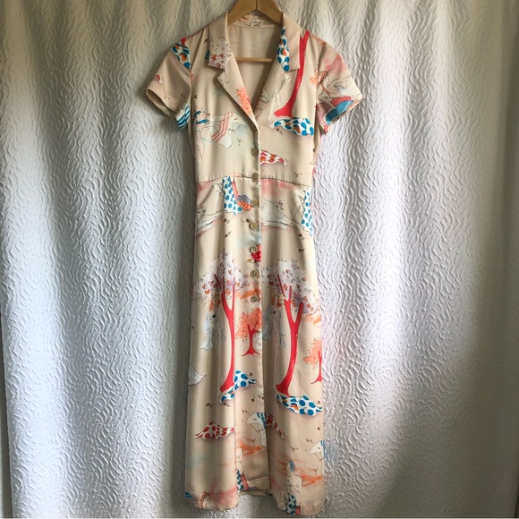 Aritzia Wilfred Champagne/Cornflower Shirt Dress Button-front Satin Midi Dress - Picture 2 of 16